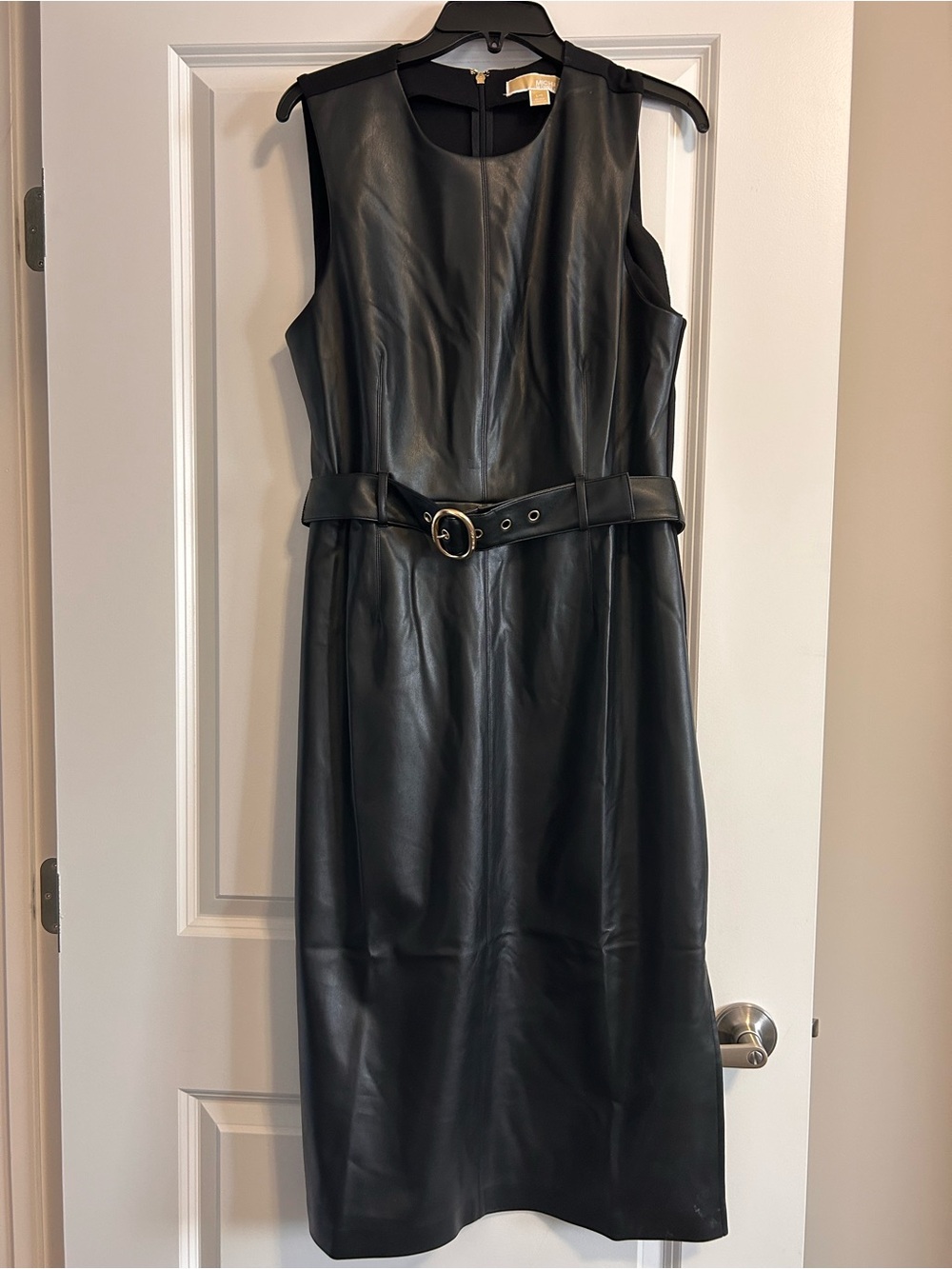 Michael Kors Sleeveless Black Faux Leather Belted Dress Large